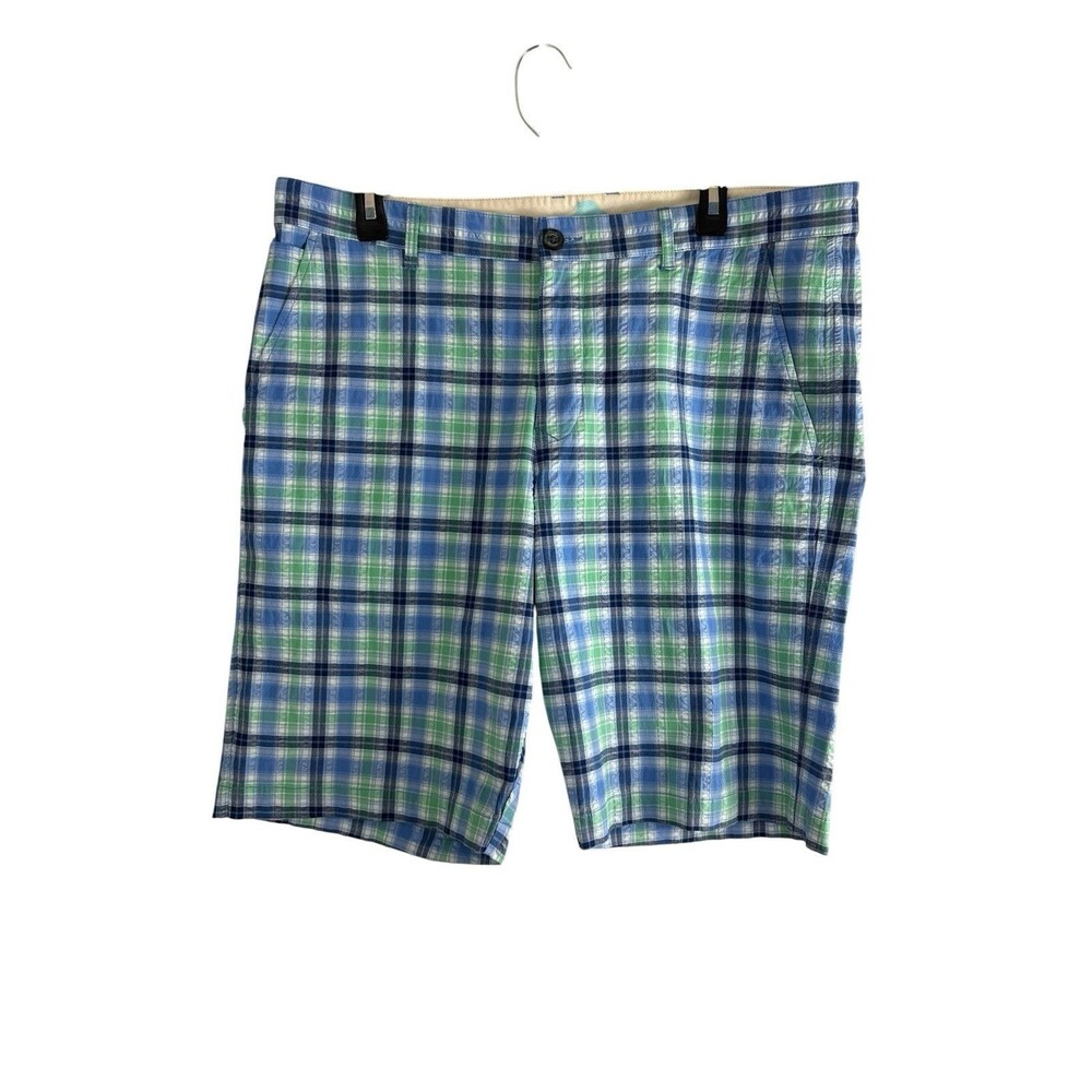 Tommy Bahana Mens Shorts Size 35 Blue Plaid Golfing Casual Pocket Flat Front